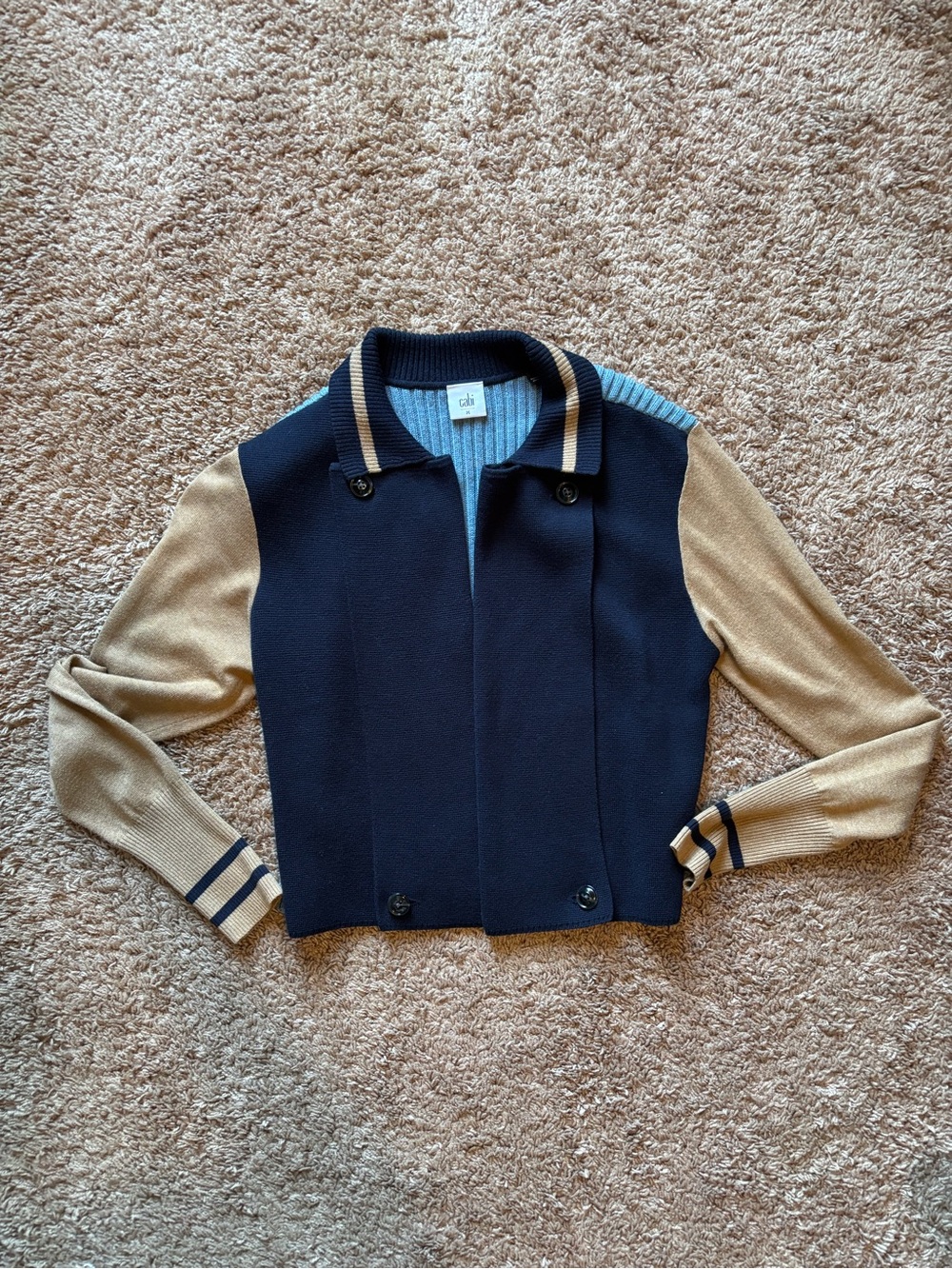 CAbi Navy and Camel Collared Cropped Knit Jacket
